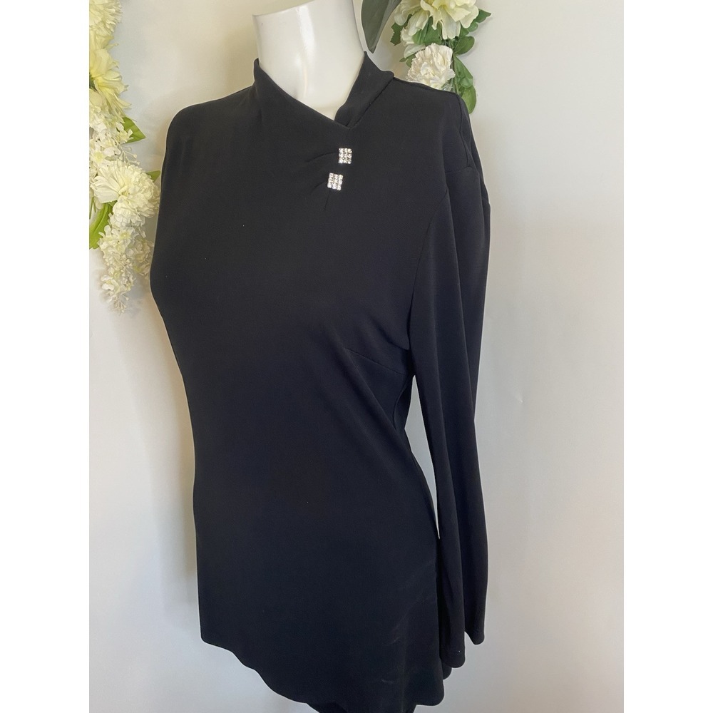 Talbots Black Long Sleeve Tunic Top w Rhinestone Detail Women's Size Med Formal‎